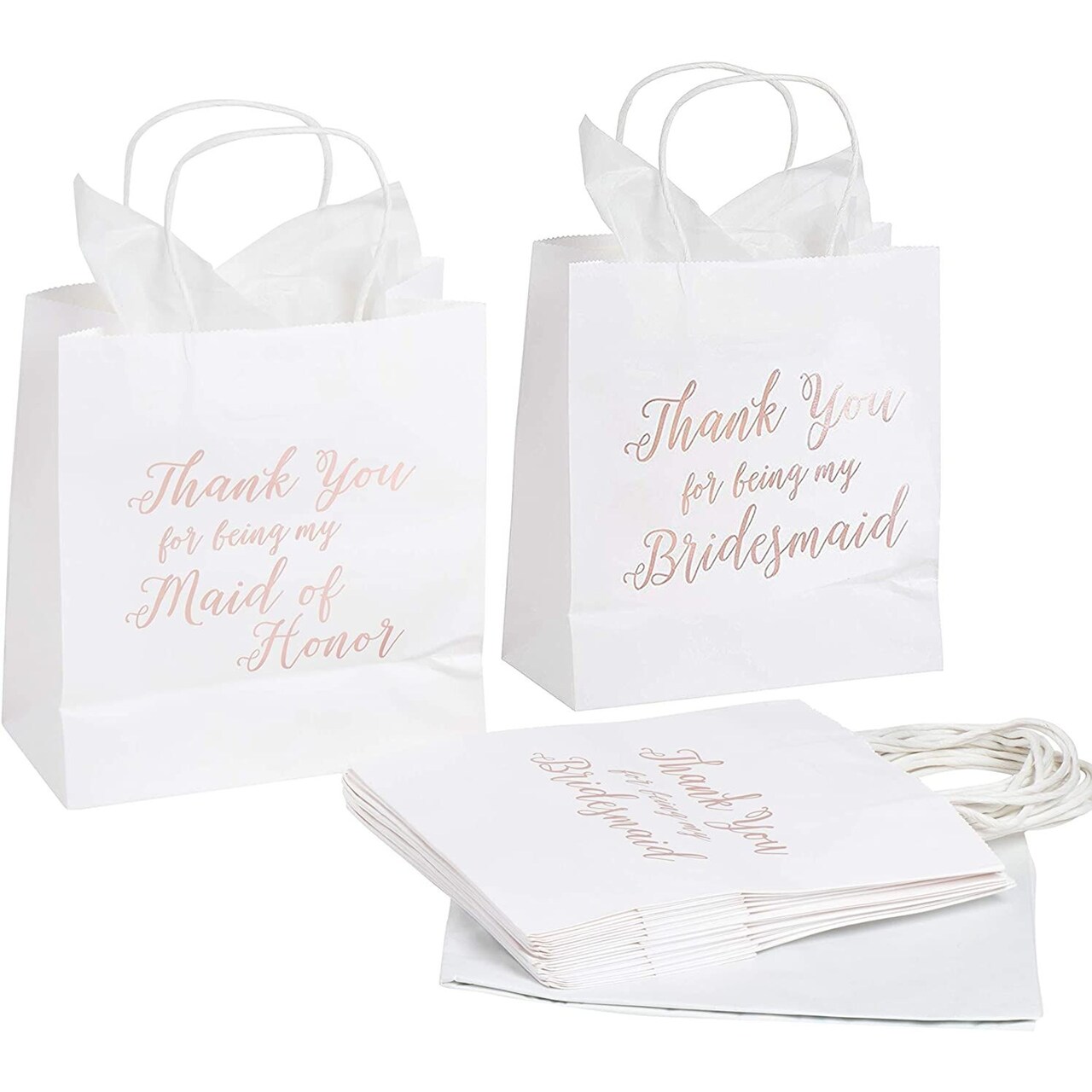 11 Bridesmaid and 1 Maid of Honor Thank You Paper Gift Bag, Rose Gold Foil  Text, Includes 20 Sheets of Tissue Paper, Perfect for Bridal Party Favors,  White, 9 x 8 x 4 Inches